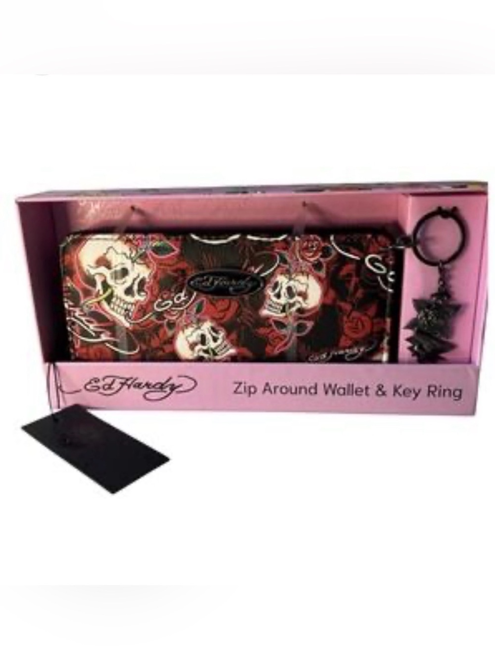 Ed Hardy Black and Red Skull & Rose Zip-Around Wallet with Key Ring Charm